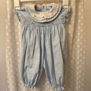 Vintage Smocked Baby Bubble Romper Blue Floral Peter Pan Collar Heirloom